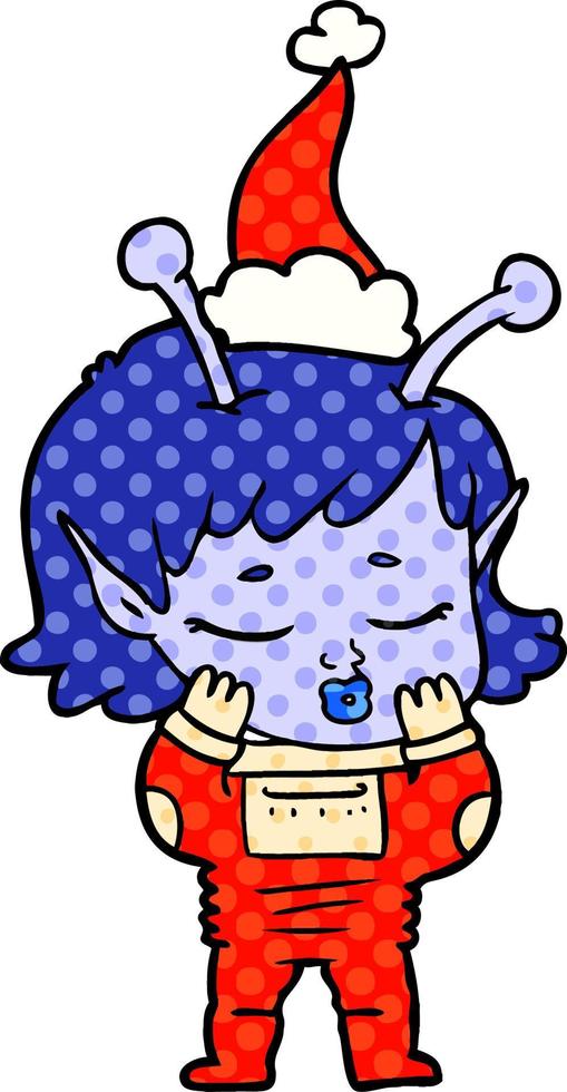 ilustração de estilo de quadrinhos de uma garota alienígena usando chapéu de papai noel vetor