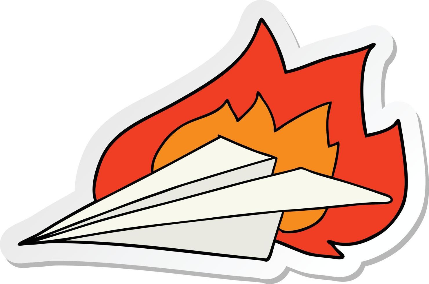 adesivo de um avião de papel em chamas de desenho animado vetor