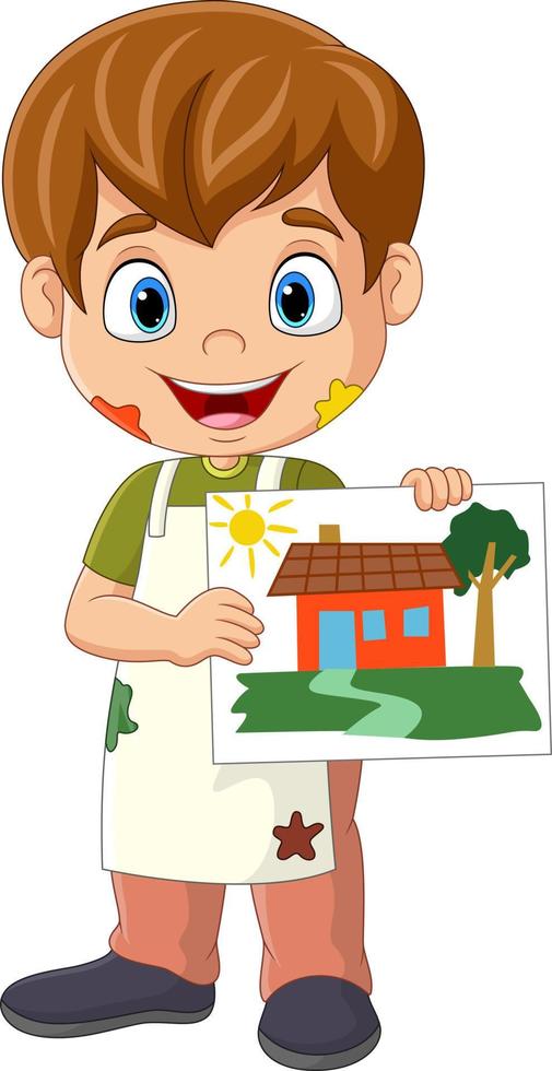 desenho animado garotinho desenhando casa no papel vetor