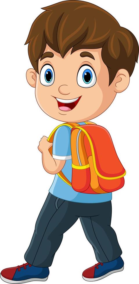 desenho animado garotinho com mochila ir para a escola vetor