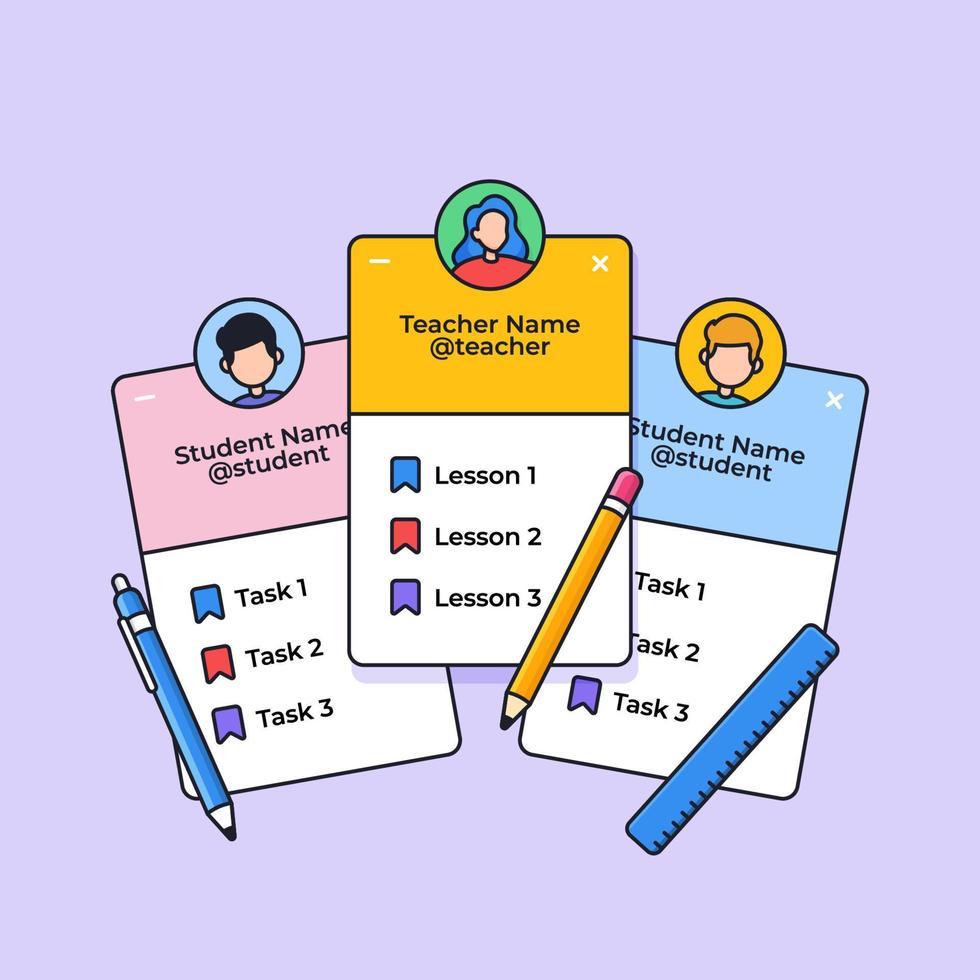 professor de aula on-line e aplicativo de perfil de aluno com ilustração vetorial de ferramentas de aluno vetor