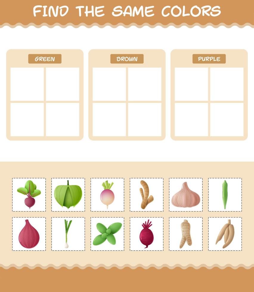 encontrar as mesmas cores de vegetais. jogo de busca e correspondência. jogo educativo para crianças e bebês da pré-escola vetor