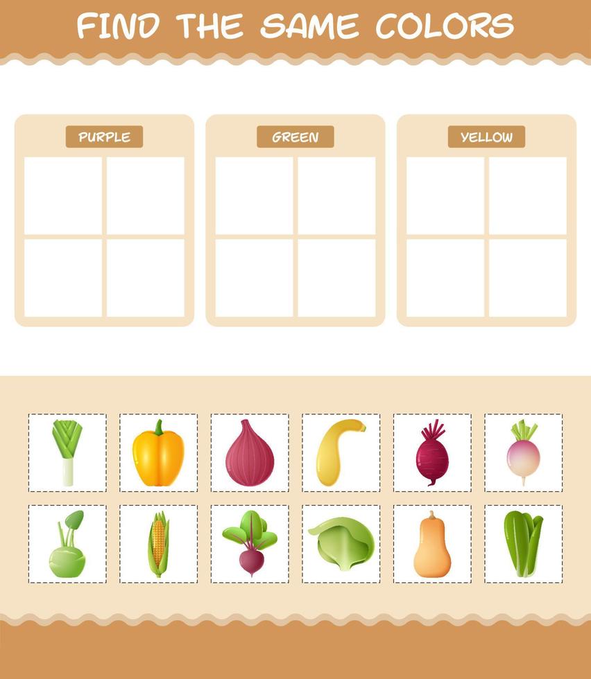 encontrar as mesmas cores de vegetais. jogo de busca e correspondência. jogo educativo para crianças e bebês da pré-escola vetor