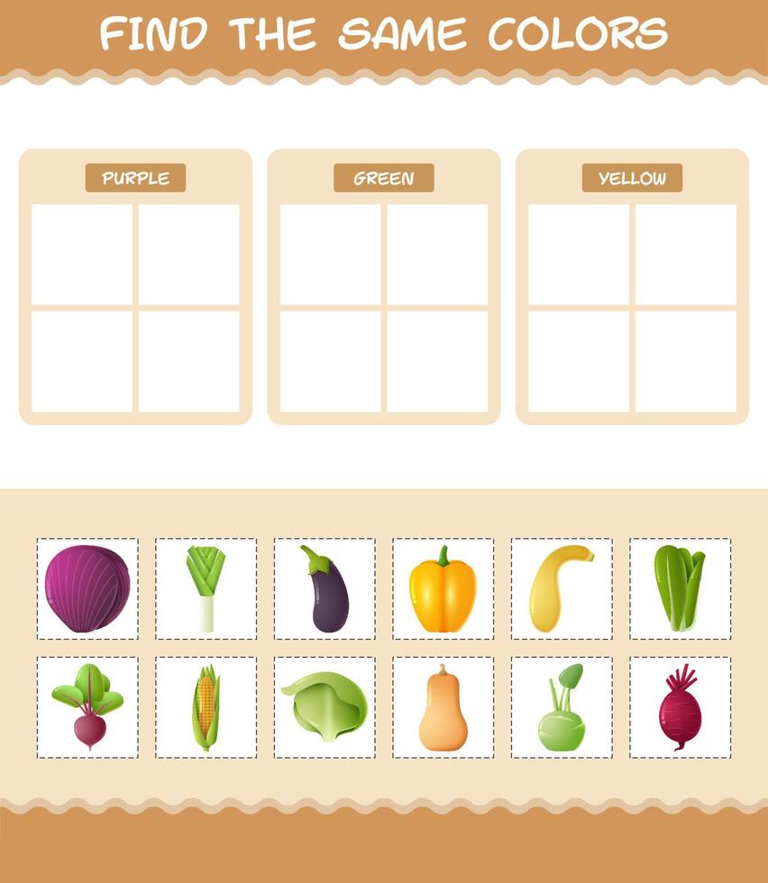 encontrar as mesmas cores de vegetais. jogo de busca e correspondência. jogo educativo para crianças e bebês da pré-escola vetor