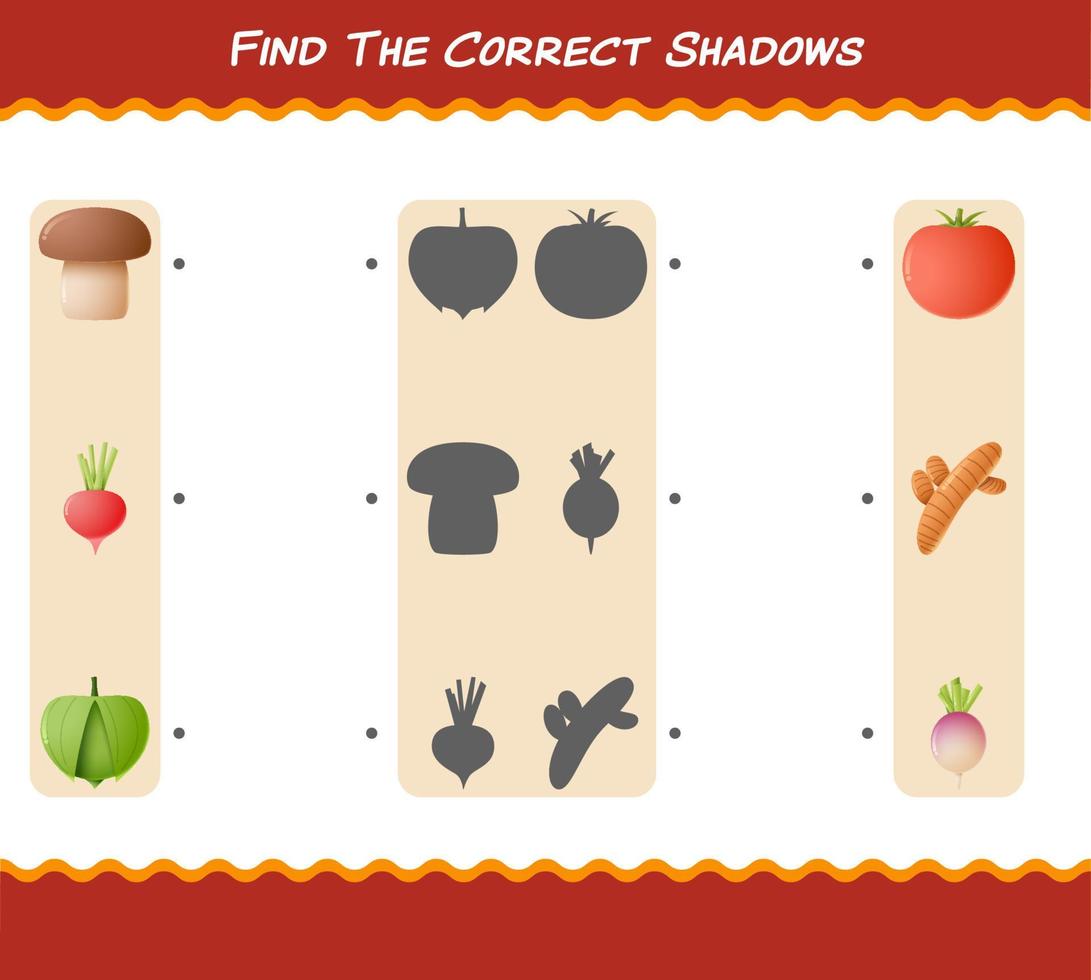 encontre as sombras corretas dos vegetais dos desenhos animados. jogo de busca e correspondência. jogo educativo para crianças e bebês da pré-escola vetor