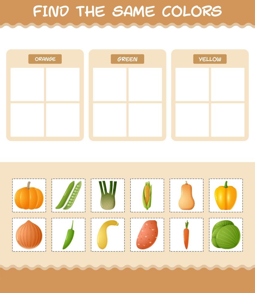 encontrar as mesmas cores de vegetais. jogo de busca e correspondência. jogo educativo para crianças e bebês da pré-escola vetor