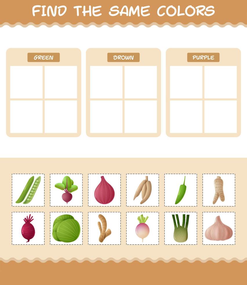 encontrar as mesmas cores de vegetais. jogo de busca e correspondência. jogo educativo para crianças e bebês da pré-escola vetor