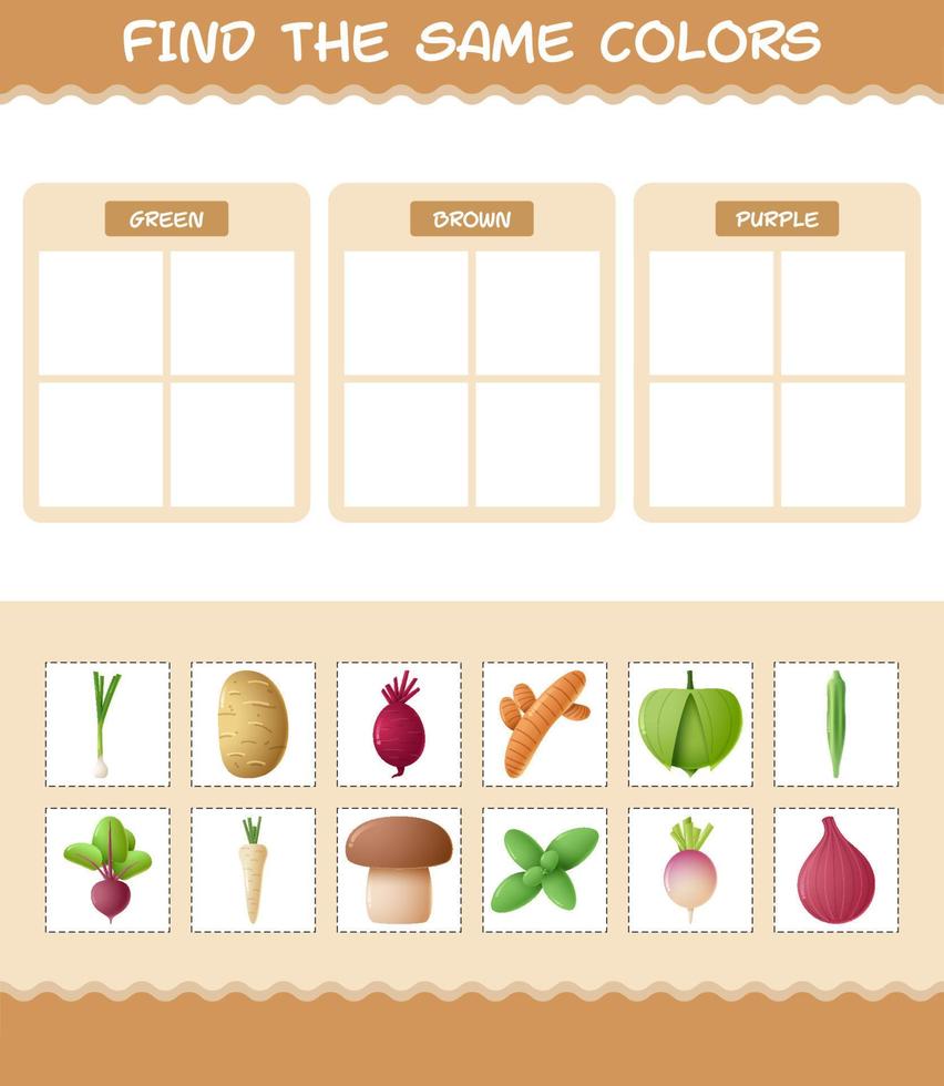 encontrar as mesmas cores de vegetais. jogo de busca e correspondência. jogo educativo para crianças e bebês da pré-escola vetor