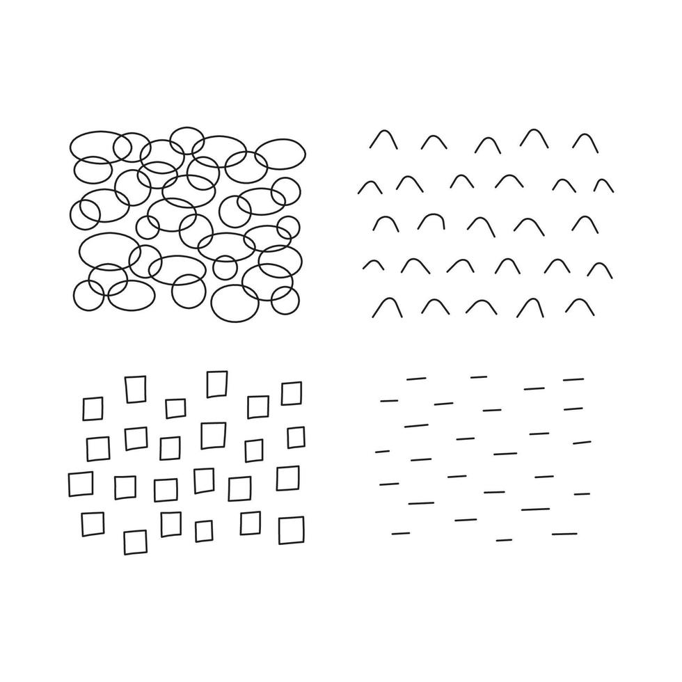 conjunto de texturas de rabisco abstrato doodle isolado no fundo branco. quadrados de tinta à mão livre, linhas, ovais. vetor