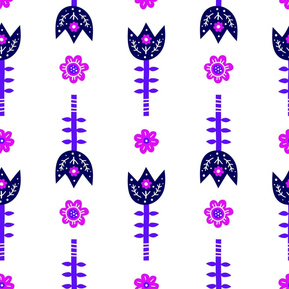 padrão sem costura branco com flores violetas doodle no estilo de arte folclórica escandinava. vetor