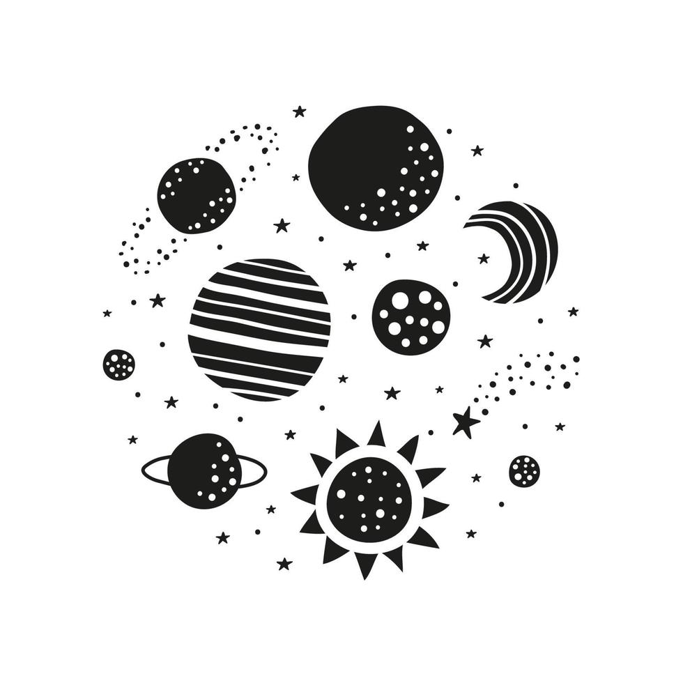 doodle planetas, estrelas, lua, ícones de sol compostos em forma de círculo. vetor