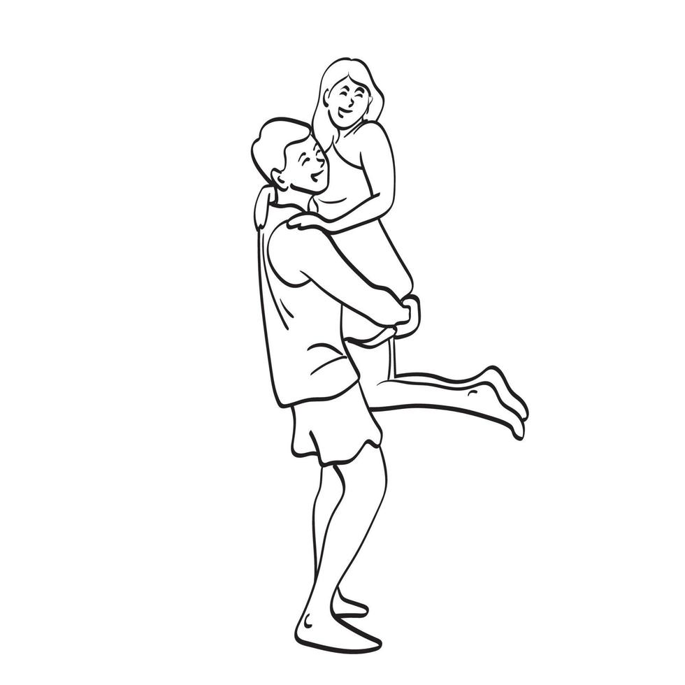 mulher de arte de linha sendo carregada pelo namorado ilustração vetorial desenhada à mão isolada no fundo branco vetor