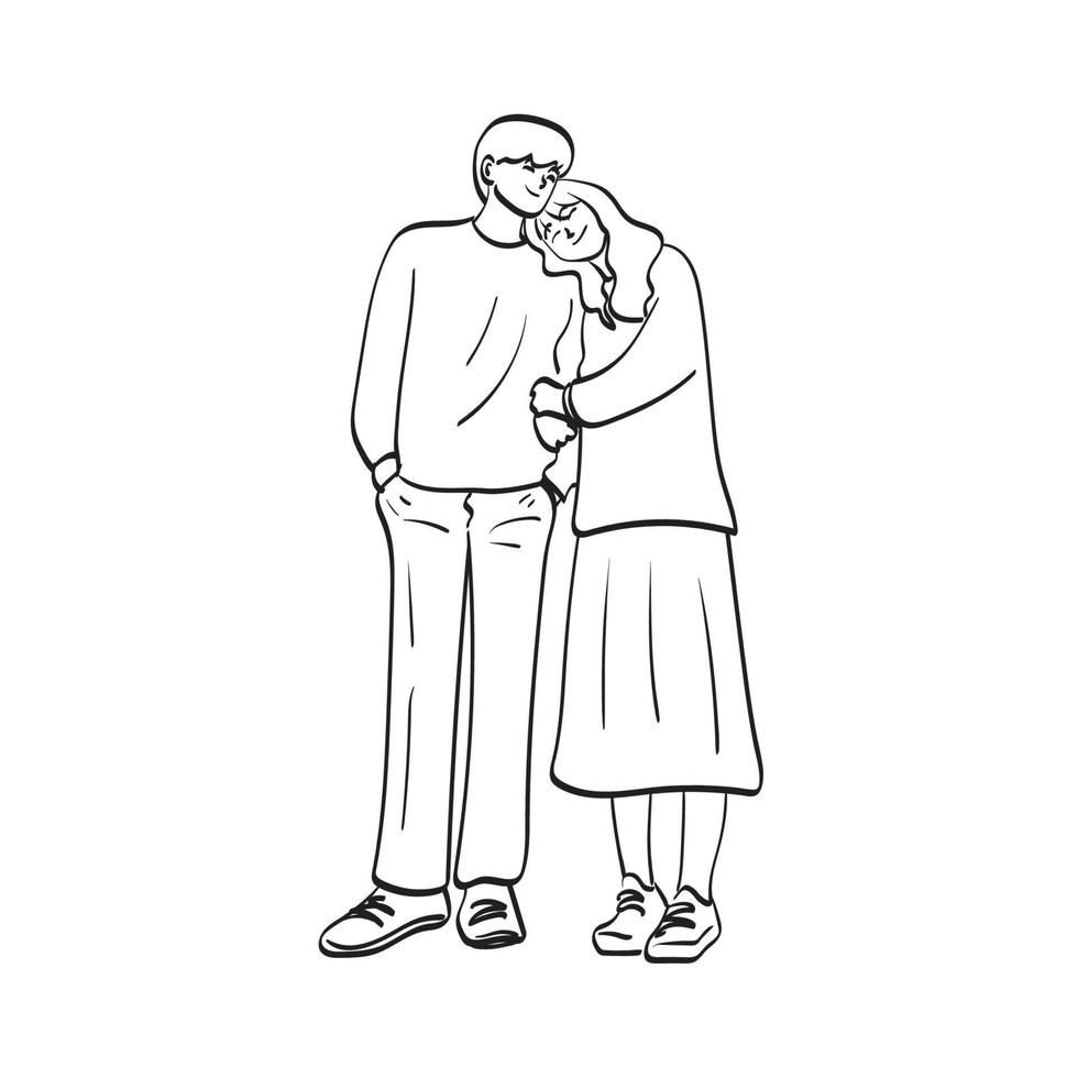 arte de linha sorrindo namorado e namorada casal amante em pé de braço no braço ilustração vetorial desenhada à mão isolada no fundo branco vetor