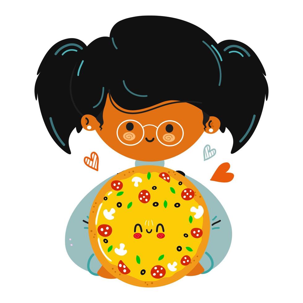jovem engraçadinha segura pizza na mão. menina abraça pizza fofa. vector mão desenhada doodle estilo cartoon personagem ilustração ícone design. isolado no fundo branco