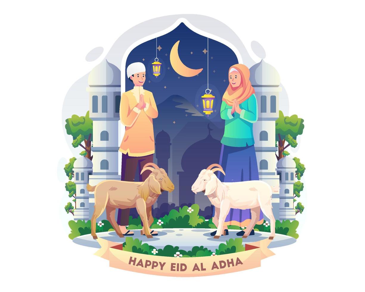 casal muçulmano dizendo feliz eid al adha. as pessoas celebram o festival do sacrifício qurban com cabras. ilustração vetorial em estilo simples vetor