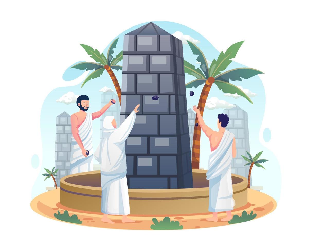 os peregrinos muçulmanos estão jogando pedras no pilar do diabo ou nas paredes do jamarat na peregrinação islâmica do hajj. uma das etapas sagradas da peregrinação do islamismo. ilustração vetorial em estilo simples vetor