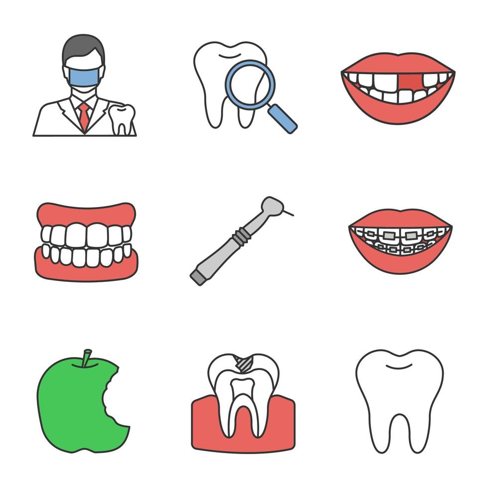 conjunto de ícones de cor de odontologia. estomatologia. dentista, verificação de dentes, dentadura, dente ausente, broca dental, aparelho, maçã mordida, cárie, molar saudável. ilustrações vetoriais isoladas vetor