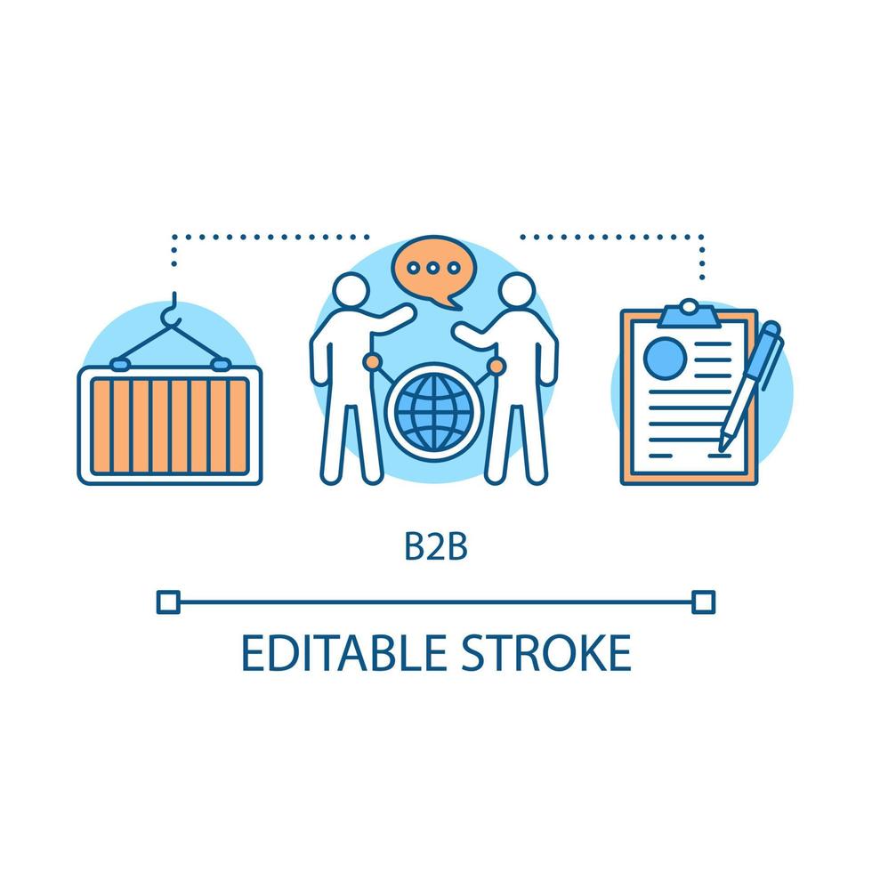 ícone do conceito b2b. ilustração de linha fina de idéia de relacionamento comercial. comércio com venda para negócios. cooperação com pessoas jurídicas. sistema crm. desenho de contorno isolado de vetor. traço editável vetor