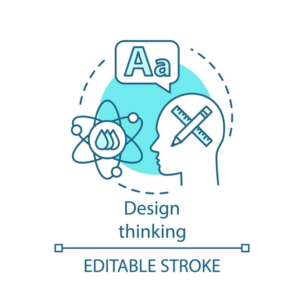 ícone do conceito de pensamento de design. criatividade. trabalho de designer. incorporação visual. criar ilustração de linha fina de ideia de solução inovadora. desenho de contorno isolado do vetor. curso editável vetor