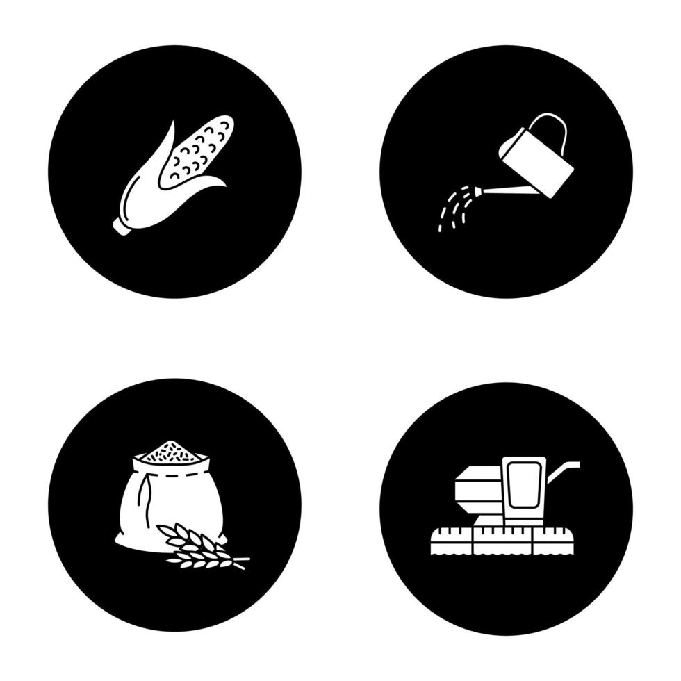conjunto de ícones de glifo de agricultura. agricultura. milho, regador, saco de farinha, colheitadeira. ilustrações vetoriais de silhuetas brancas em círculos pretos vetor
