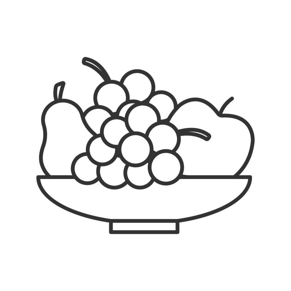 tigela com ícone linear de frutas. colheita. pêra, maçã, cacho de uvas. ilustração de linha fina. ainda vida. símbolo de contorno. desenho de contorno isolado de vetor