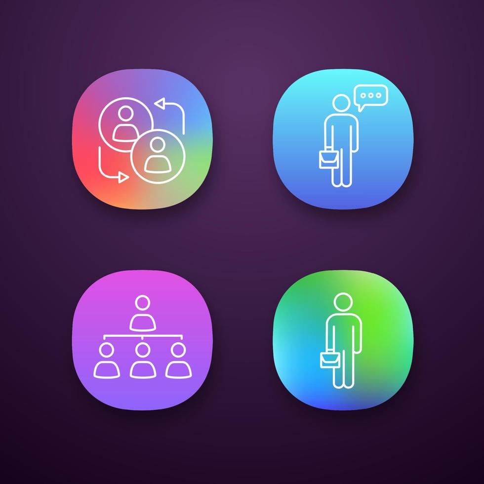conjunto de ícones de aplicativos de gerenciamento de negócios. interface de usuário ui ux. parceria, pensamento do empresário, hierarquia profissional, gerente. aplicativos da web ou móveis. ilustrações isoladas de vetor