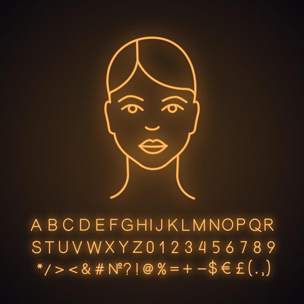 ícone de luz neon de rosto de mulher. pele jovem e saudável. senhora. perfil de usuário. avatar de mulher. sinal brilhante com alfabeto, números e símbolos. ilustração vetorial isolada vetor