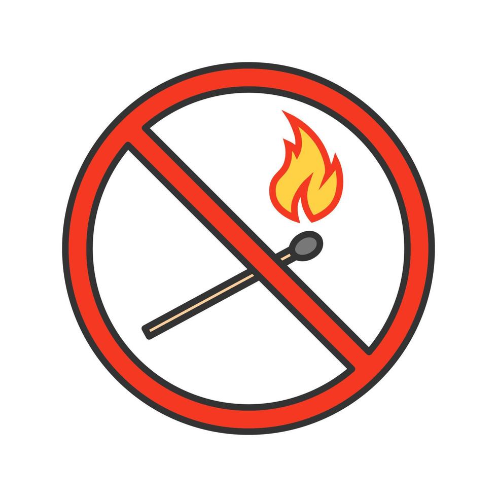 sinal proibido com ícone de cor de palito de fósforo em chamas. nenhuma proibição de luzes nuas. ilustração vetorial isolada vetor