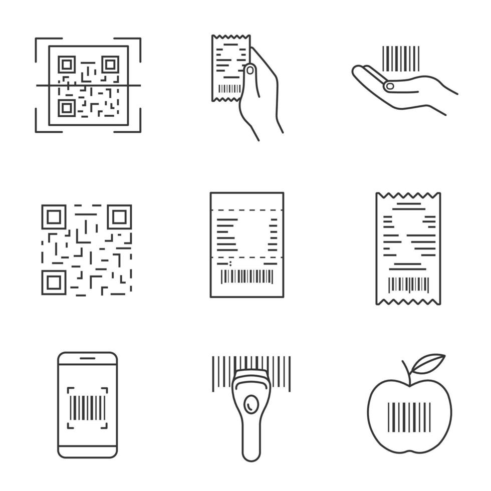 conjunto de ícones lineares de códigos de barras. aplicativo de digitalização de códigos qr e lineares, dispositivo, recibo de dinheiro, código de barras na mão, código de barras do produto. símbolos de contorno. ilustrações de contorno de vetor isolado. traço editável