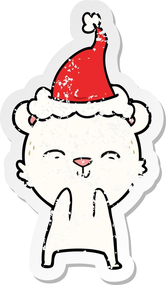 feliz desenho de adesivo angustiado de um urso polar usando chapéu de papai noel vetor