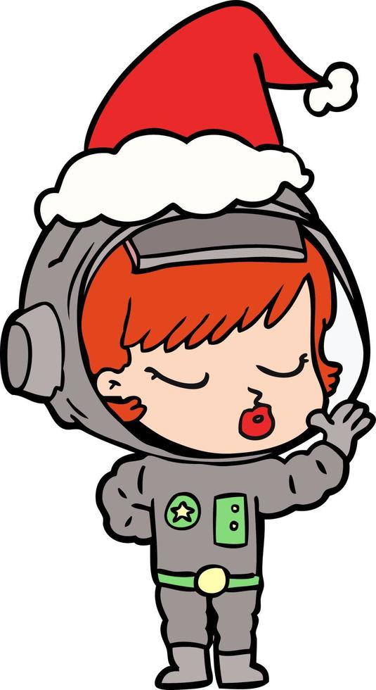 desenho de linha de uma linda garota astronauta usando chapéu de papai noel vetor