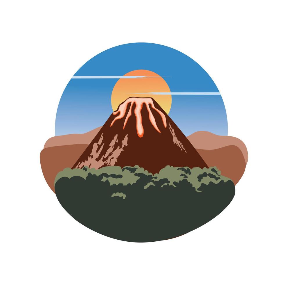 paisagem de montanha de vulcão com ilustração de design de árvores, céu e sol vetor