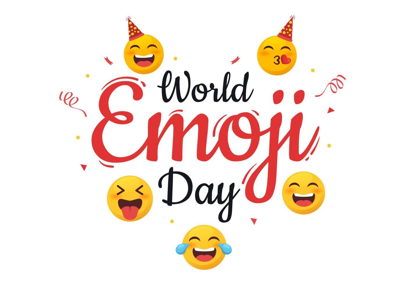 celebração do dia mundial do emoji com eventos e lançamentos de produtos em forma de desenho bonito de expressão facial diferente em ilustração de fundo plano vetor