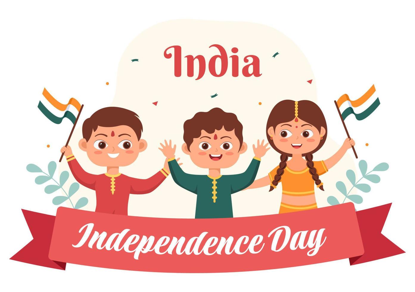 feliz dia da independência indiana que é comemorado todo mês de agosto com bandeiras, personagens de pessoas e rodas ashoka na ilustração do estilo cartoon vetor