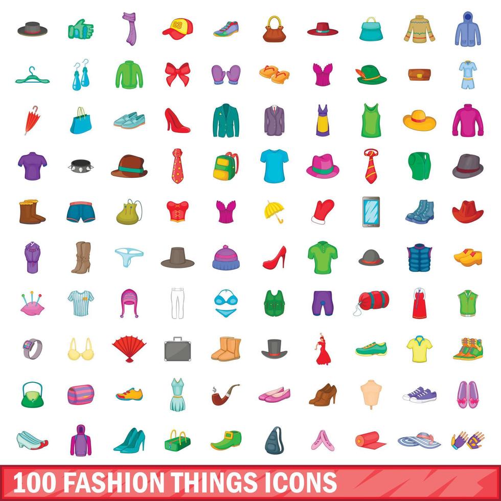 Conjunto de 100 ícones de coisas da moda, estilo cartoon vetor