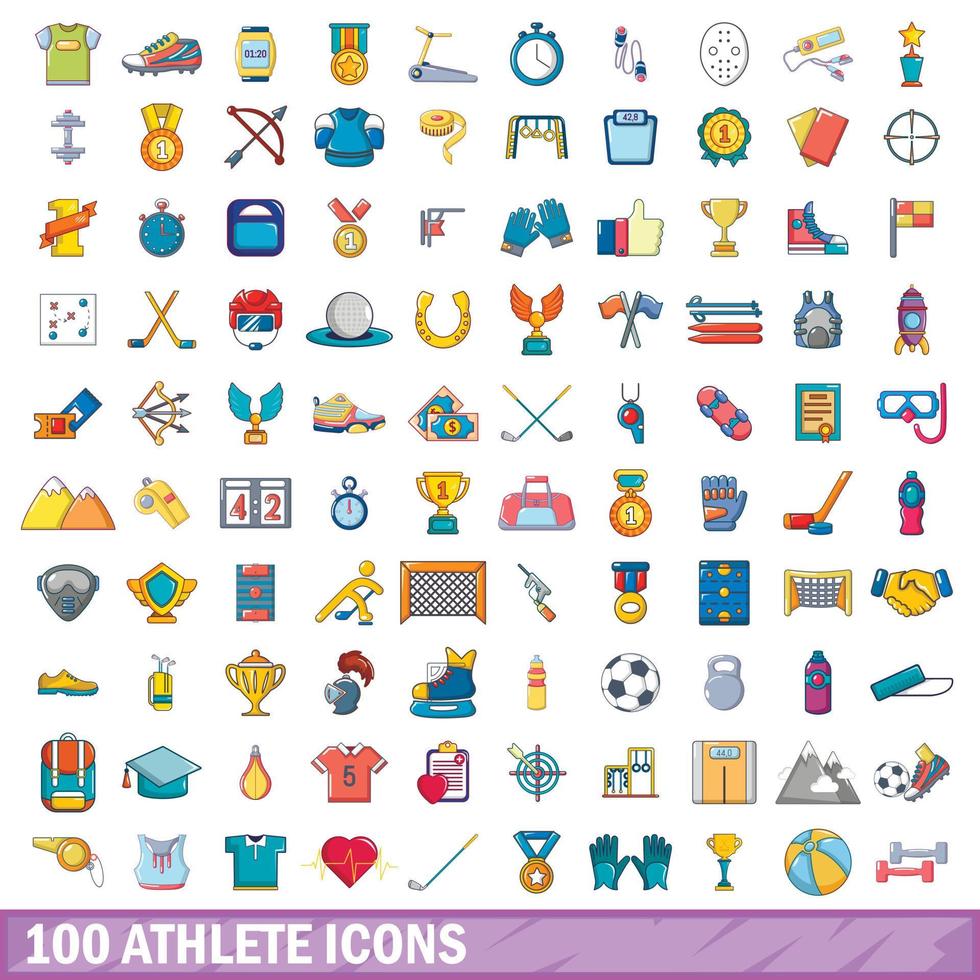 conjunto de 100 ícones de atleta, estilo cartoon vetor