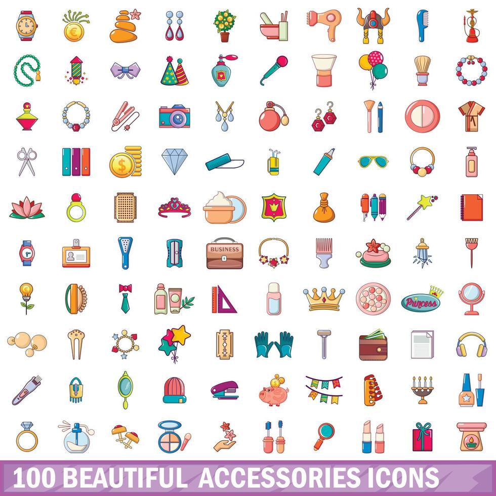 Conjunto de 100 ícones de acessórios bonitos, estilo cartoon vetor