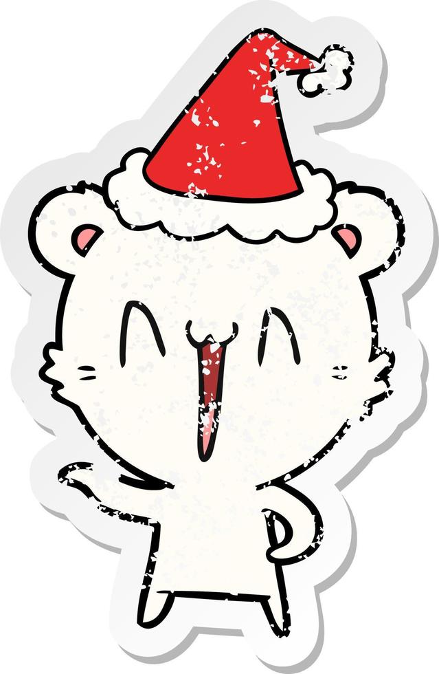 cartoon de adesivo angustiado de urso polar rindo de um chapéu de papai noel vetor