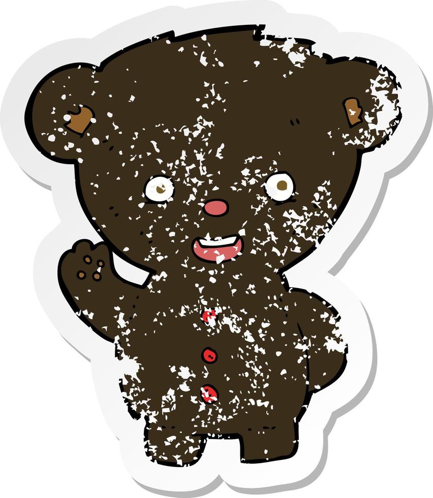 adesivo retrô angustiado de um desenho animado acenando filhote de urso preto vetor