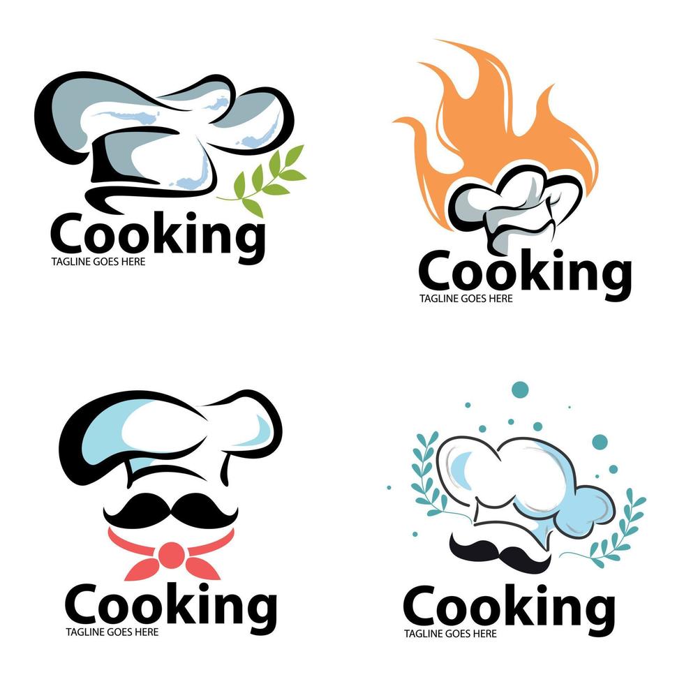 logotipo de cozinha definir logotipo para aula de culinária com chapéu de chef, espírito de fogo e também folhas de forragem. escola de culinária tipografia, estúdio de comida, aula de culinária vetor