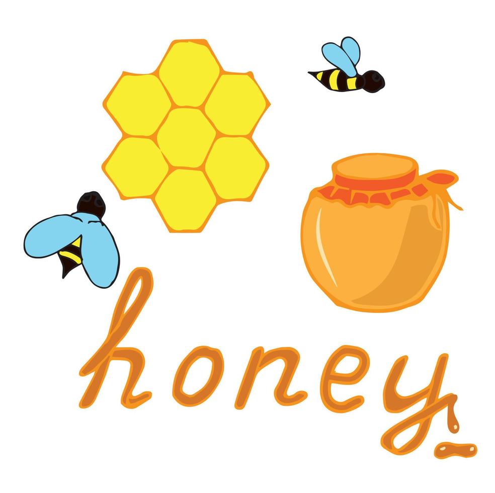 kit para o dia internacional das abelhas. letras de mel, favo de mel, jarra, pote de mel, abelhas, uma gota fluindo da carta e uma poça embaixo dela. vetor