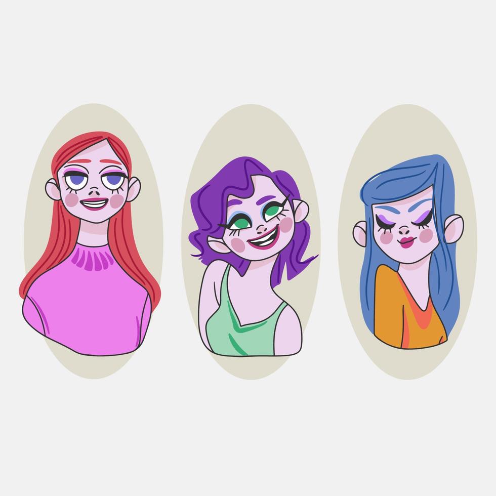 conjunto de avatares de desenhos animados bonitos, meninas, sorriso no rosto, moda, doodle vetor