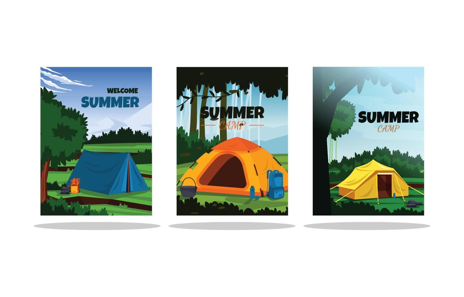 modelo de cartão de paisagem de natureza de barraca de acampamento de horário de verão vetor