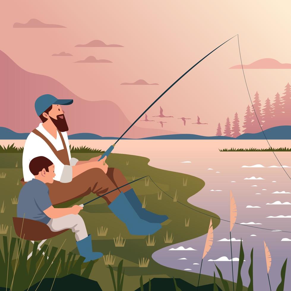 pai e filho pescando juntos vetor
