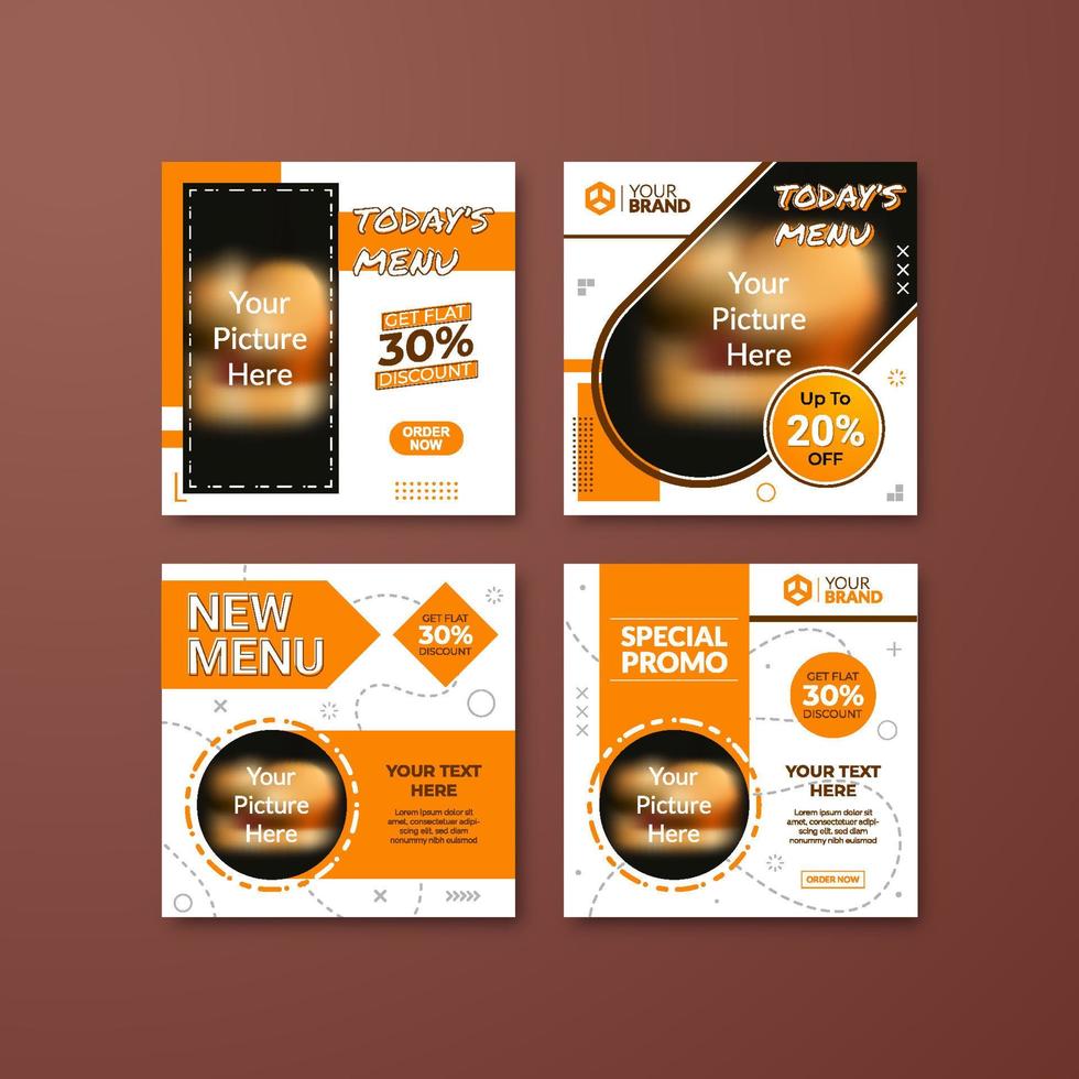 modelo de postagem de mídia social de comida. banner de postagem de mídia social para promoção de alimentos. conjunto de banner de mídia social adequado para culinária, marketing digital, promoção de venda, web, promoção de anúncio de banner vetor