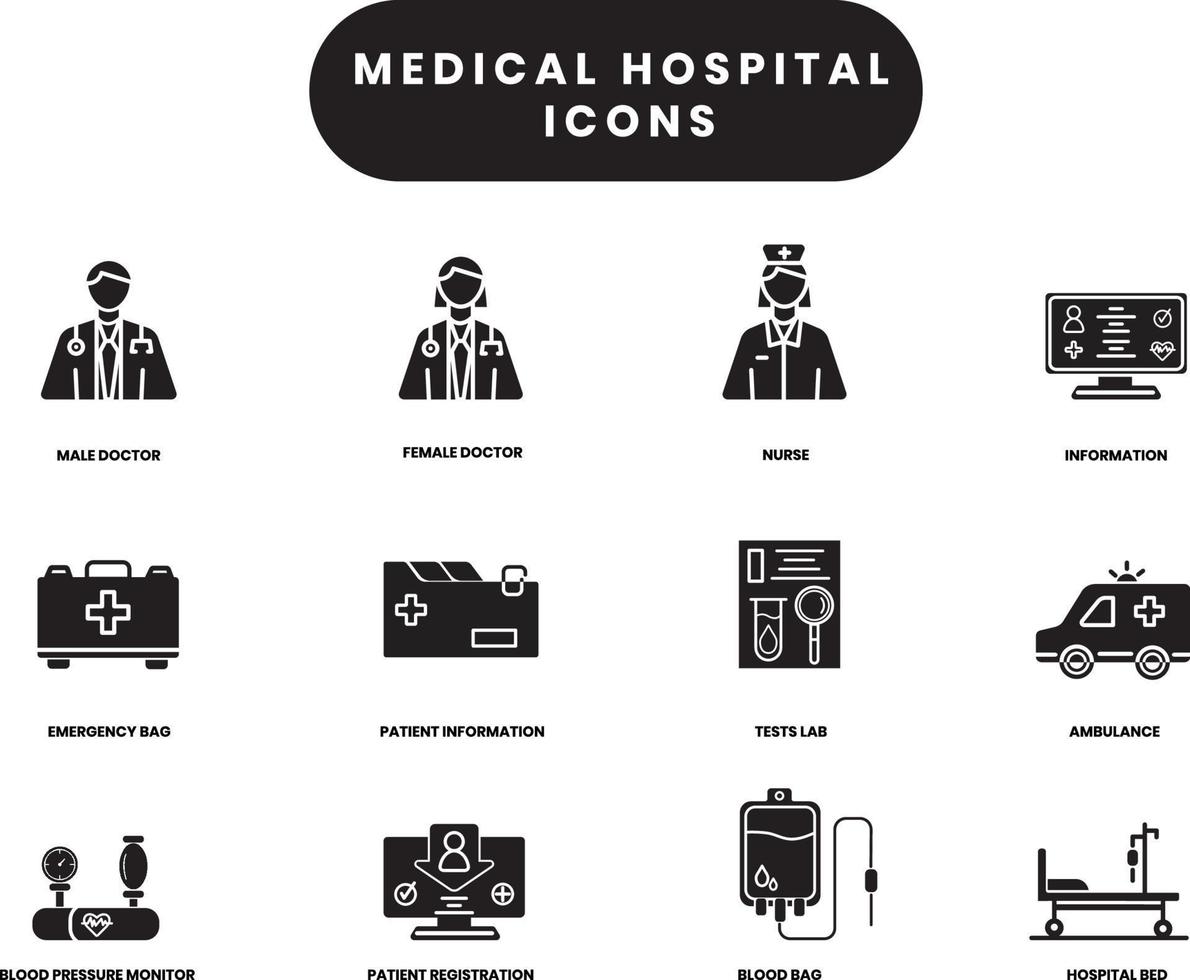 vetor ícones médicos sólidos. cuidado do paciente e do médico. enfermeira primeira ajuda médica de saúde. ícones para web, aplicativo e software