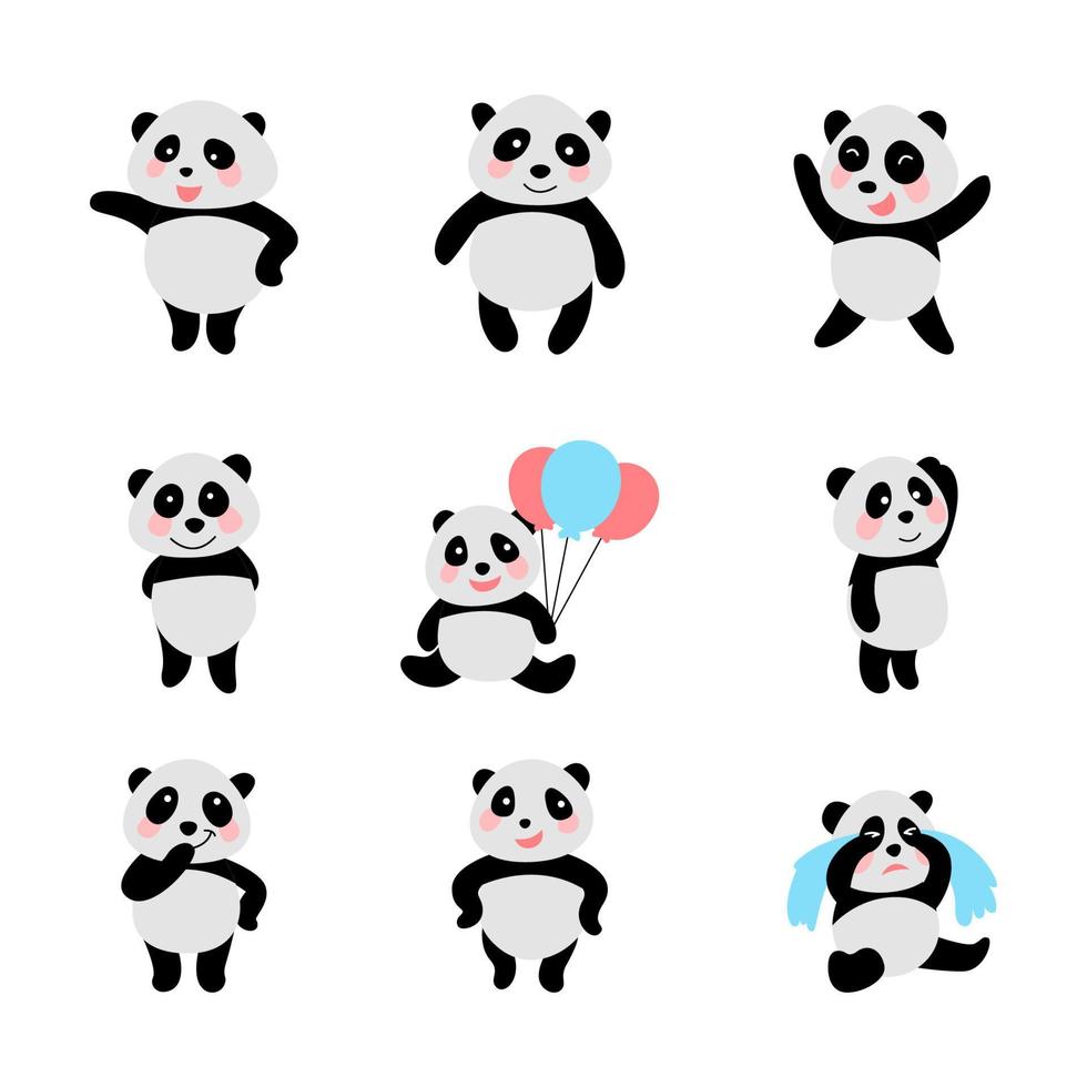 conjunto de animal fofo de panda na versão cartoon vetor