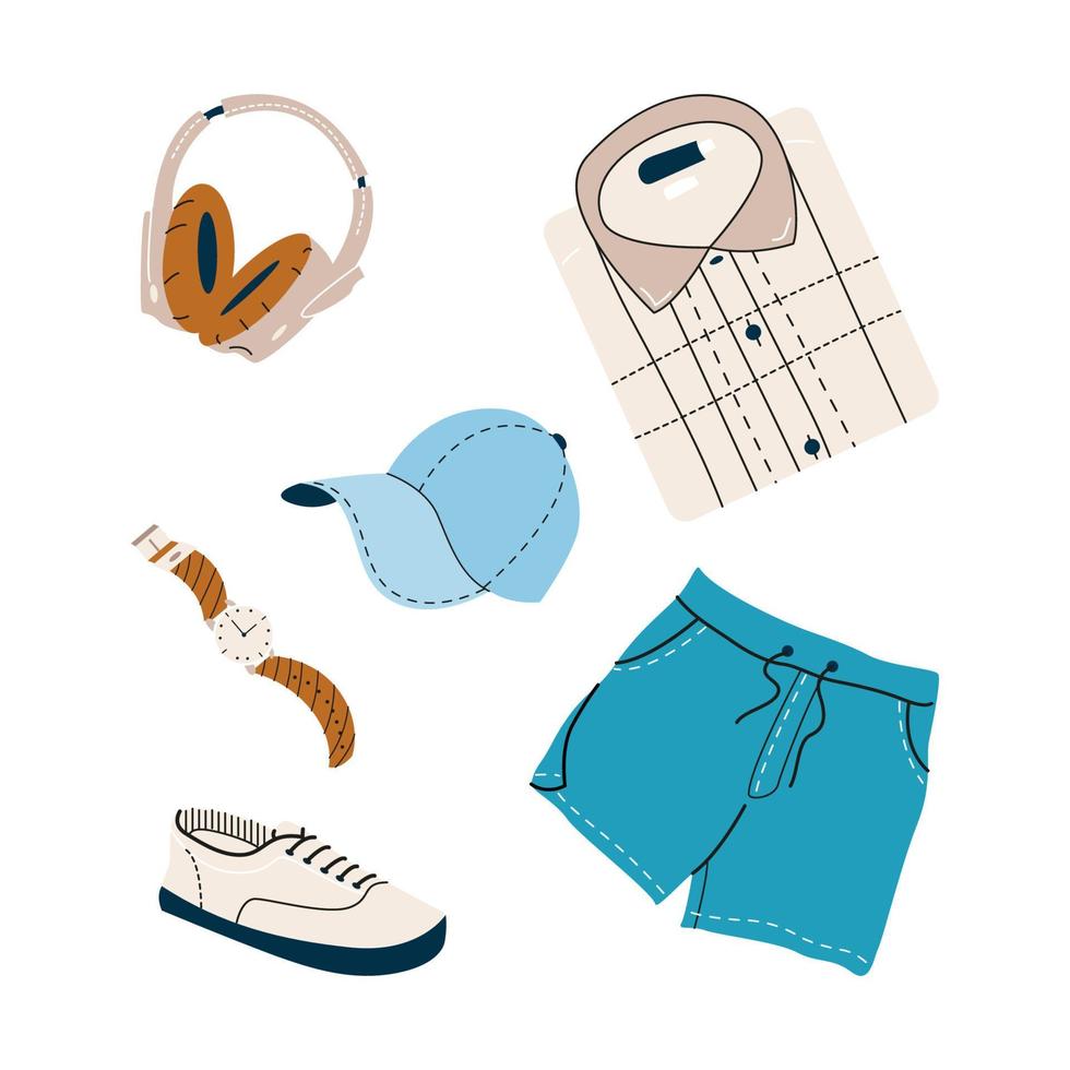 roupas masculinas de verão com camisa, shorts de praia, boné, sapatos, relógio e fones de ouvido. vestuário casual masculino, roupa confortável. vista superior de roupas de verão. ilustração vetorial isolada no fundo branco vetor