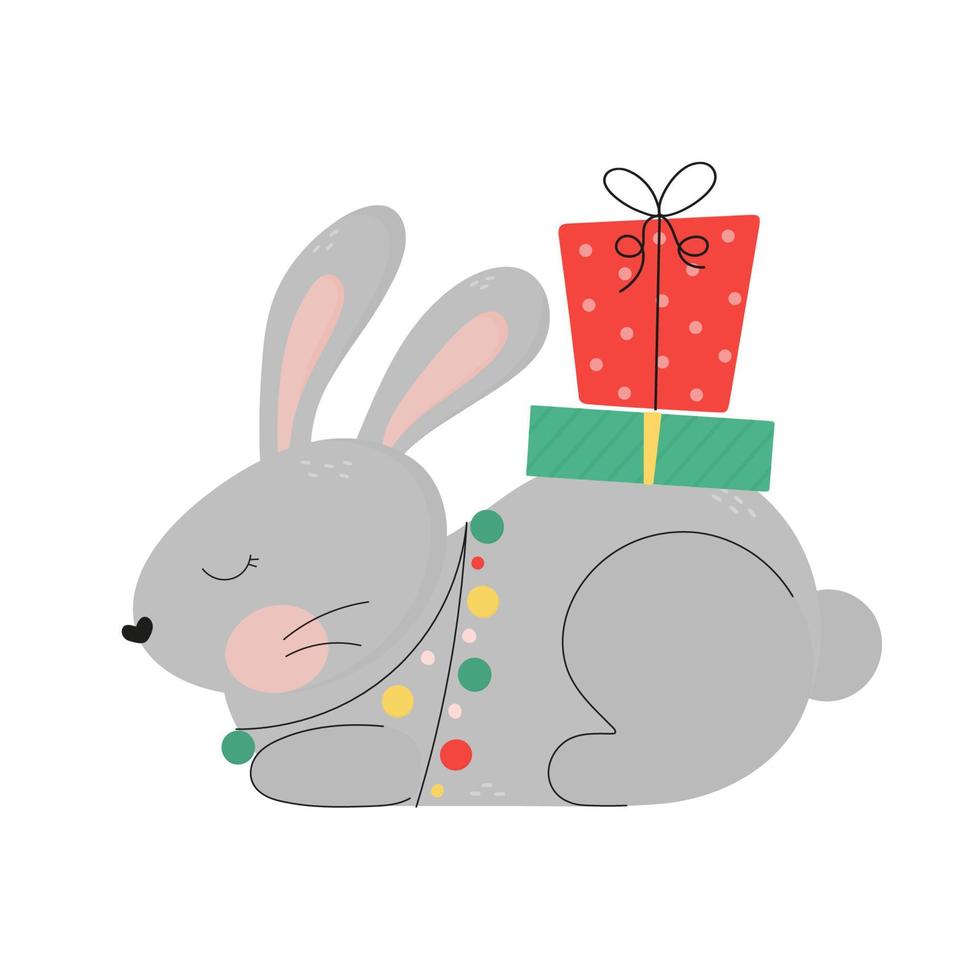 coelhinho fofo de ano novo com uma guirlanda e presentes. símbolo chinês 2023 ano novo. personagem de desenho animado de férias de animais. Decoração de Natal. doodle lebre bonita em vetor. cartão, adesivo, impressão vetor