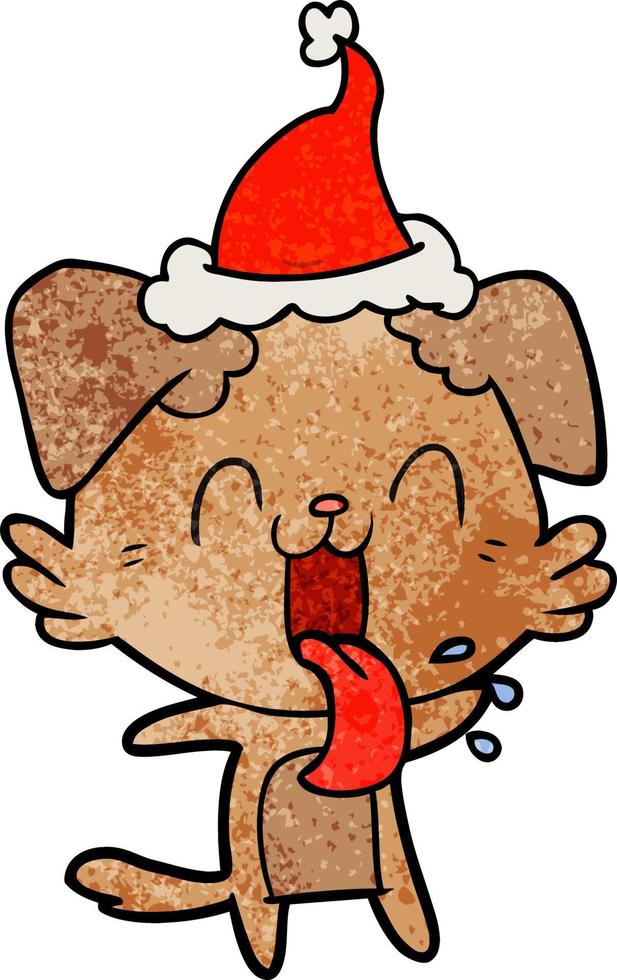 desenho texturizado de um cão ofegante usando chapéu de papai noel vetor